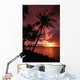 Guam, Tumon Bay, Bright Red Sunset And Silhouetted Palms On Beach Wall Mural