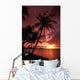 Guam, Tumon Bay, Bright Red Sunset And Silhouetted Palms On Beach Wall Mural