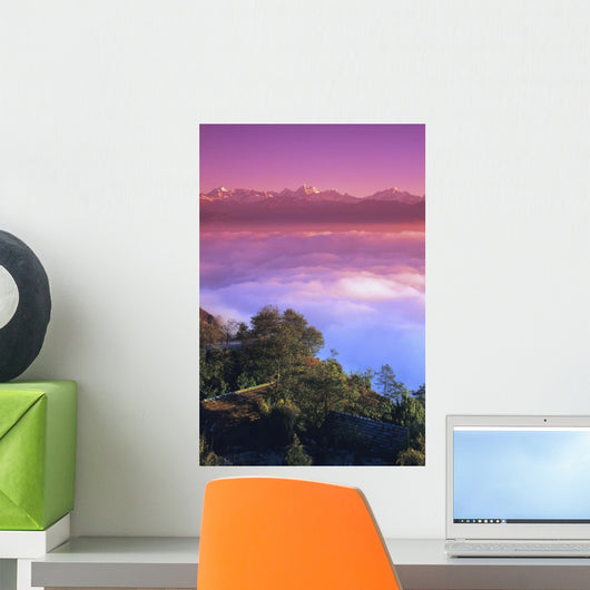 Nepal, Pink sunset and himalayan mountains in background Wall Mural