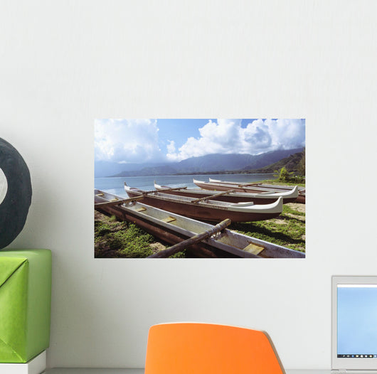 Line Of Outrigger Canoes On Beach Wall Mural