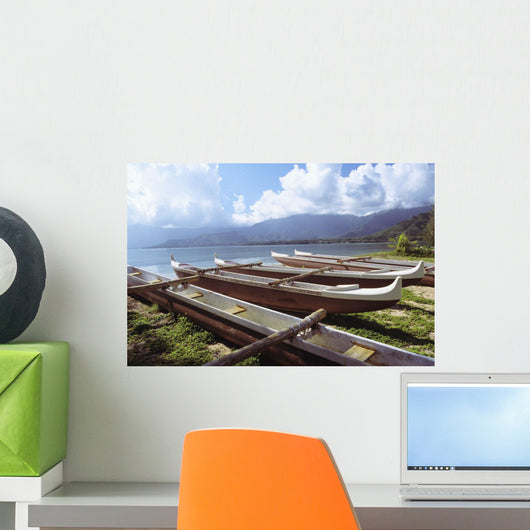 Line Of Outrigger Canoes On Beach Wall Mural