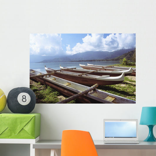 Line Of Outrigger Canoes On Beach Wall Mural