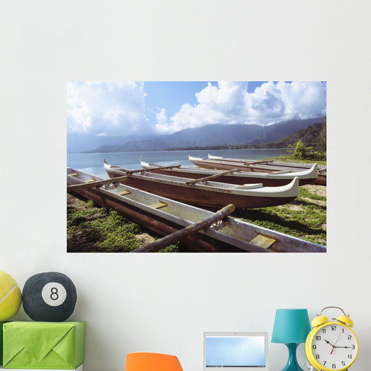 Line Of Outrigger Canoes On Beach Wall Mural