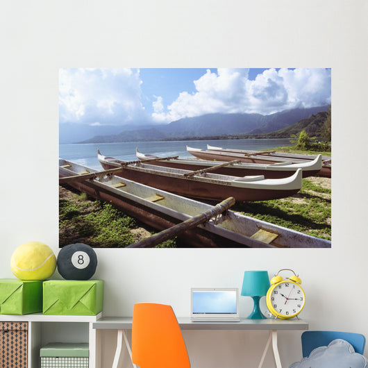 Line Of Outrigger Canoes On Beach Wall Mural