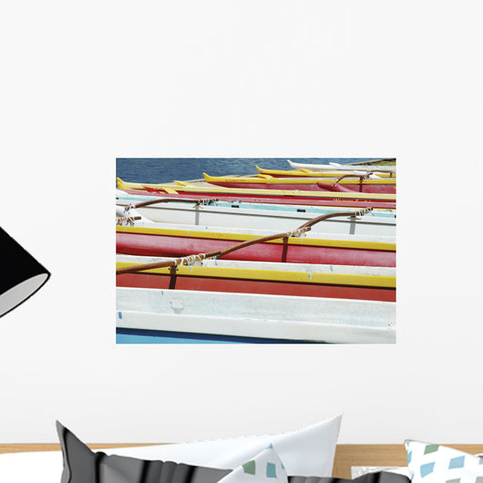 Hawaii, Oahu, Lineup Of Colorful Outrigger Canoes Wall Mural
