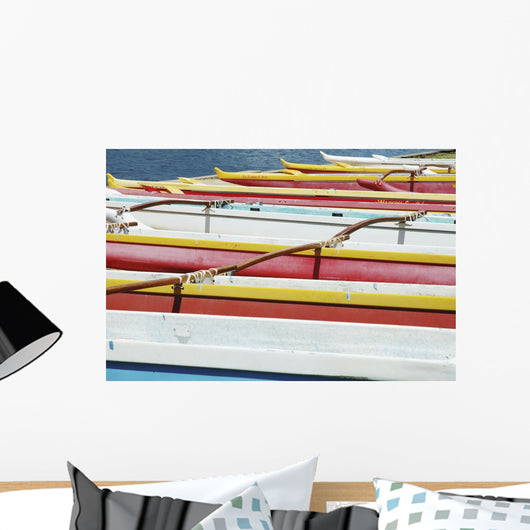 Hawaii, Oahu, Lineup Of Colorful Outrigger Canoes Wall Mural