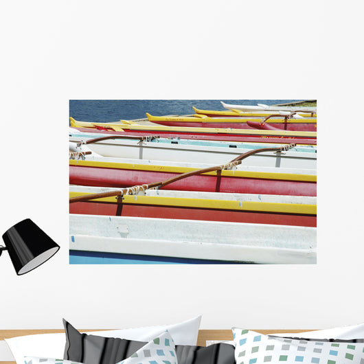 Hawaii, Oahu, Lineup Of Colorful Outrigger Canoes Wall Mural