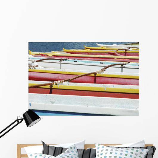 Hawaii, Oahu, Lineup Of Colorful Outrigger Canoes Wall Mural