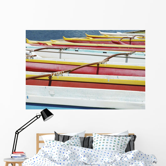 Hawaii, Oahu, Lineup Of Colorful Outrigger Canoes Wall Mural