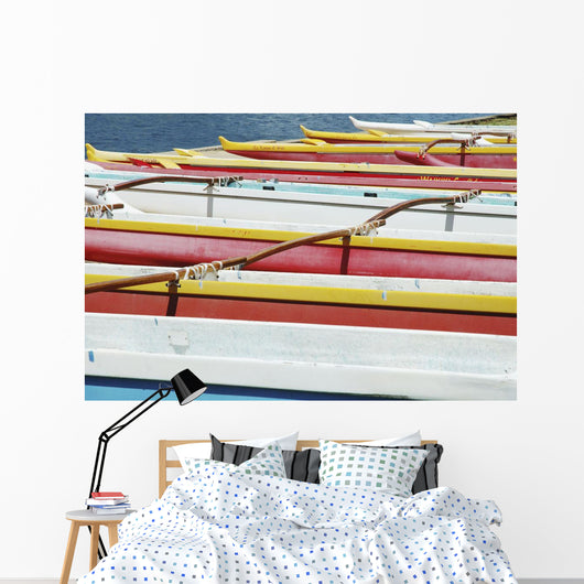 Hawaii, Oahu, Lineup Of Colorful Outrigger Canoes Wall Mural