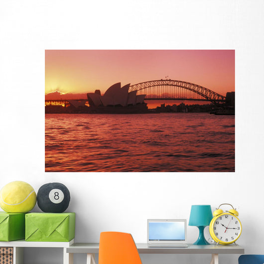 Australia, New South Wales, Opera House and Harbor Bridge at sunset Wall Mural