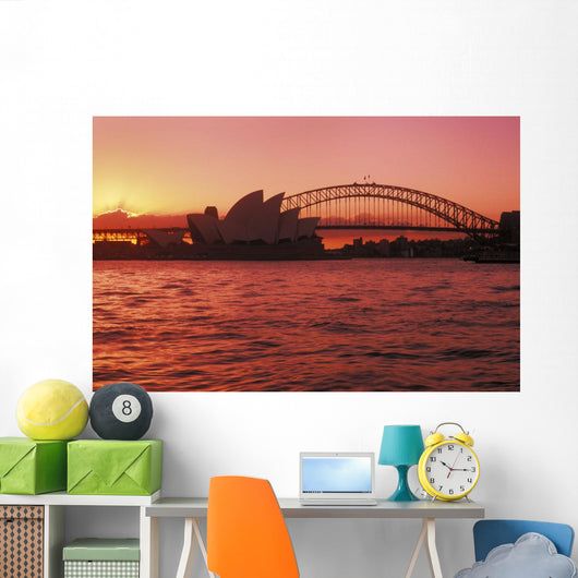 Australia, New South Wales, Opera House and Harbor Bridge at sunset Wall Mural