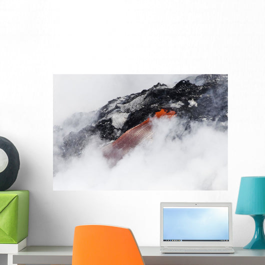 Steam cloud nearly hiding red hot lava flow pouring into Pacific Ocean Wall Mural