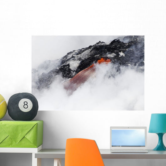 Steam cloud nearly hiding red hot lava flow pouring into Pacific Ocean Wall Mural