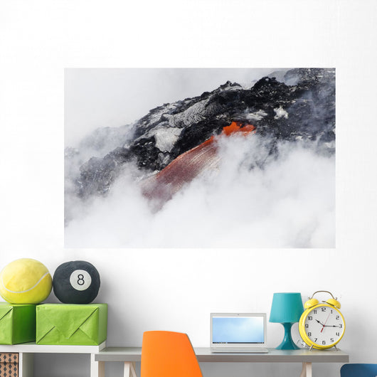 Steam cloud nearly hiding red hot lava flow pouring into Pacific Ocean Wall Mural