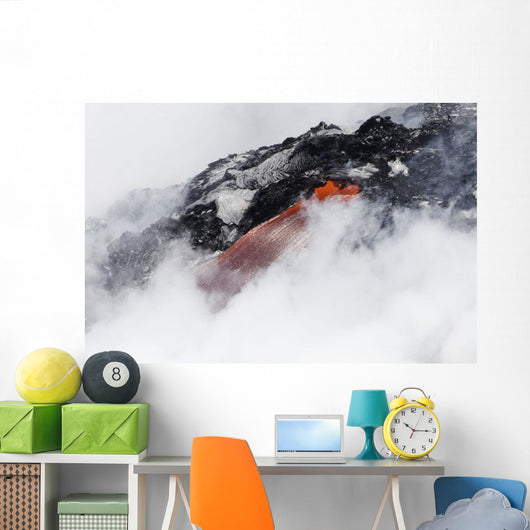 Steam cloud nearly hiding red hot lava flow pouring into Pacific Ocean Wall Mural
