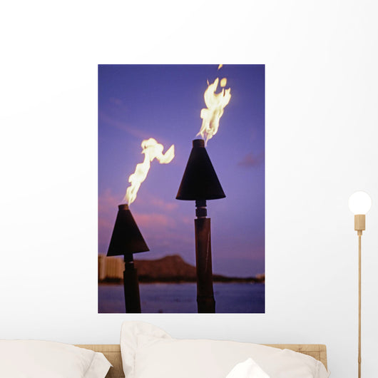 Tiki Torches Burn At Sunset With Diamond Head In Background Wall Mural