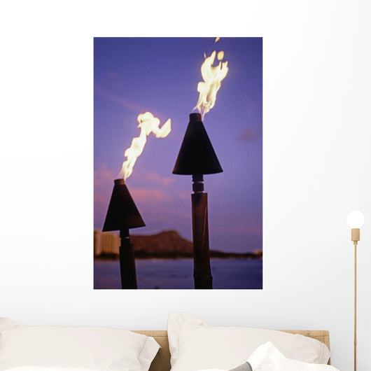 Tiki Torches Burn At Sunset With Diamond Head In Background Wall Mural