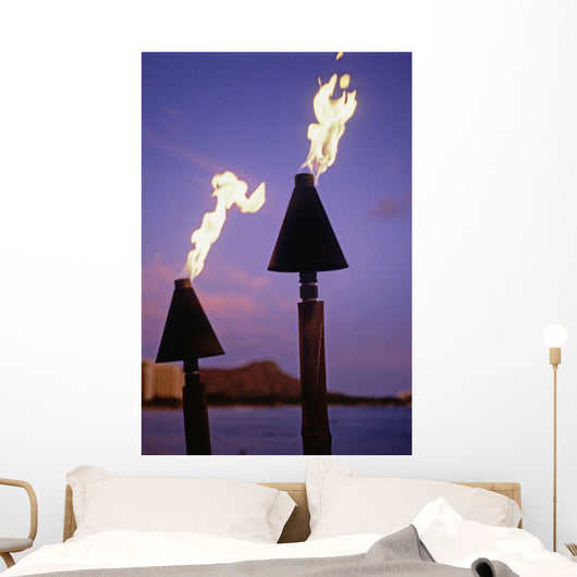 Tiki Torches Burn At Sunset With Diamond Head In Background Wall Mural