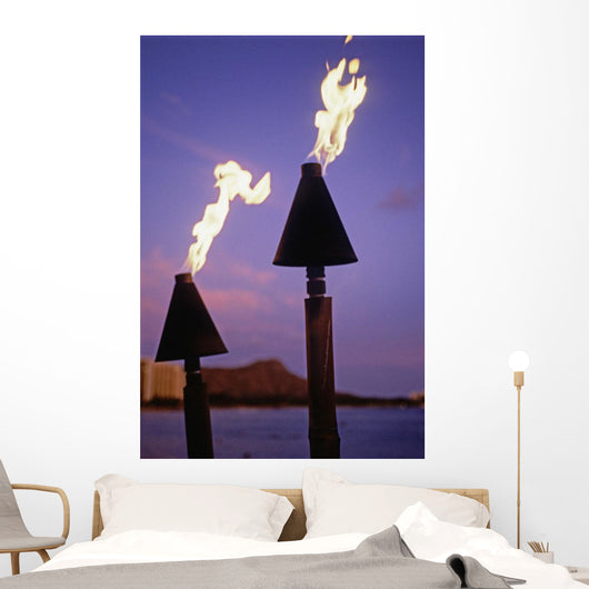 Tiki Torches Burn At Sunset With Diamond Head In Background Wall Mural