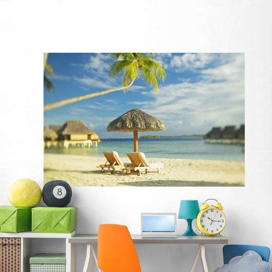 Lounge Chairs And Thatch Umbrella Wall Mural