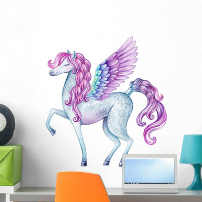 Watercolor Fairy Tale Pegasus Wall Decal shown on a wall