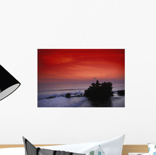 Indonesia, Bali, Taneh Lot Temple Silhouetted At Sunset, Red Sky Wall Mural