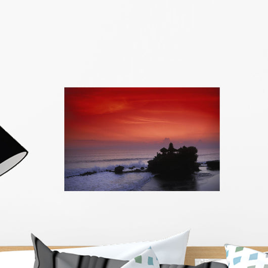 Indonesia, Bali, Taneh Lot Temple Silhouetted At Sunset, Red Sky Wall Mural