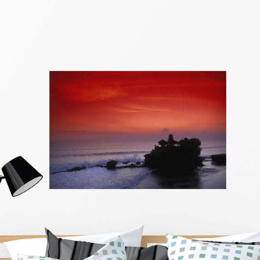 Indonesia, Bali, Taneh Lot Temple Silhouetted At Sunset, Red Sky Wall Mural