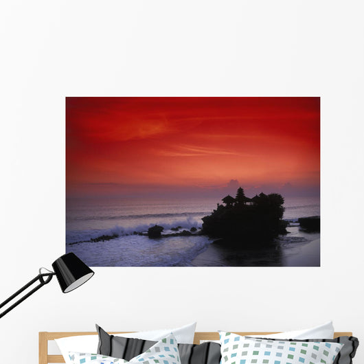 Indonesia, Bali, Taneh Lot Temple Silhouetted At Sunset, Red Sky Wall Mural