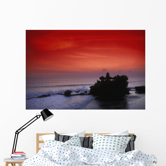 Indonesia, Bali, Taneh Lot Temple Silhouetted At Sunset, Red Sky Wall Mural