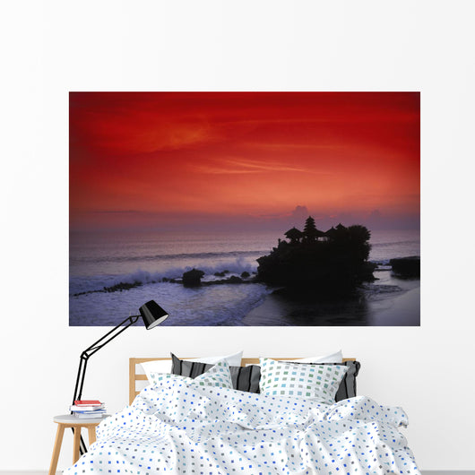 Indonesia, Bali, Taneh Lot Temple Silhouetted At Sunset, Red Sky Wall Mural