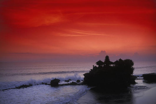 Indonesia, Bali, Taneh Lot Temple Silhouetted At Sunset, Red Sky Wall Mural