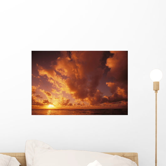 Hawaii, Kauai, Wailua, Sunrise Over The Ocean On A Cloudy Morning Wall Mural