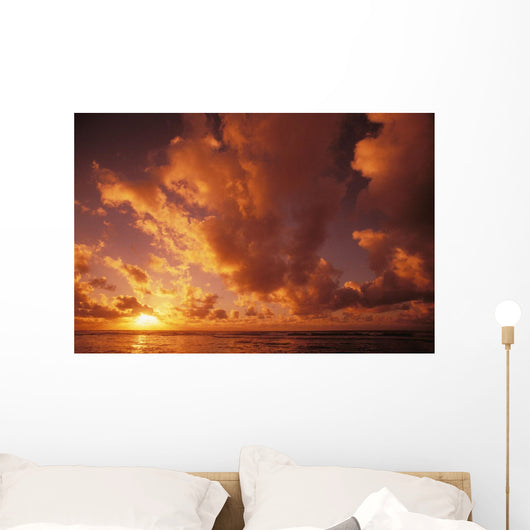 Hawaii, Kauai, Wailua, Sunrise Over The Ocean On A Cloudy Morning Wall Mural