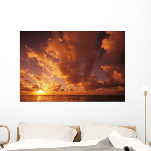 Hawaii, Kauai, Wailua, Sunrise Over The Ocean On A Cloudy Morning Wall Mural
