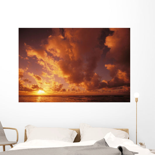 Hawaii, Kauai, Wailua, Sunrise Over The Ocean On A Cloudy Morning Wall Mural