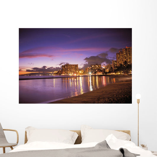 Reflection Of City Lights On The Ocean At Twilight Wall Mural