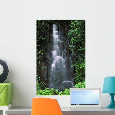 Cascading Waterfall Lush Tropical Wall Mural shown on a wall