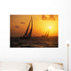 Hawaii, Two Sailboats Silhouetted At Sunset, Yellow And Orange Skies Wall Mural