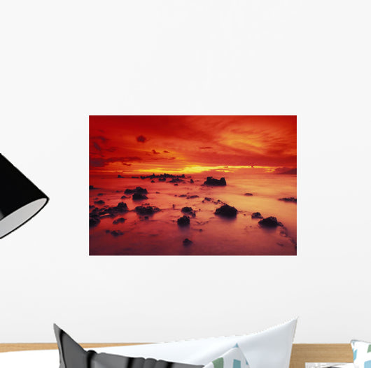 Lava Rock Beach At Sunset With Dramatic Red Yellow Sky And Shore Wall Mural