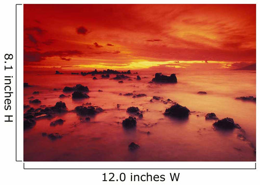 Lava Rock Beach At Sunset With Dramatic Red Yellow Sky And Shore Wall Mural