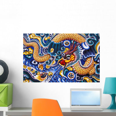 Brightly Painted Chinese Style Wall Mural shown on a wall