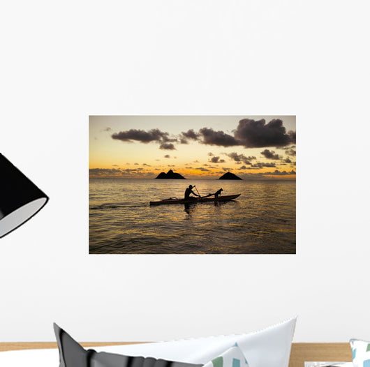 Man And Dog On A One-Man Outrigger Canoe At Sunset Wall Mural