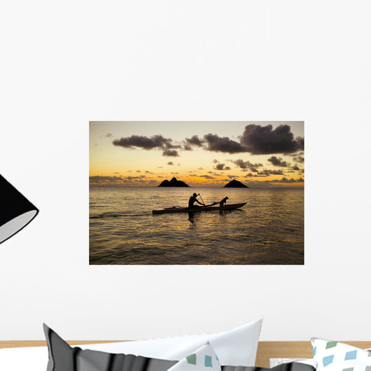Man And Dog On A One-Man Outrigger Canoe At Sunset Wall Mural