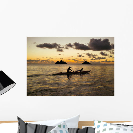 Man And Dog On A One-Man Outrigger Canoe At Sunset Wall Mural