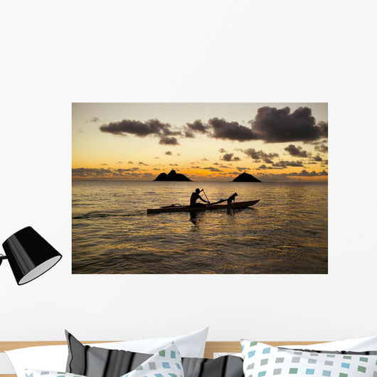 Man And Dog On A One-Man Outrigger Canoe At Sunset Wall Mural