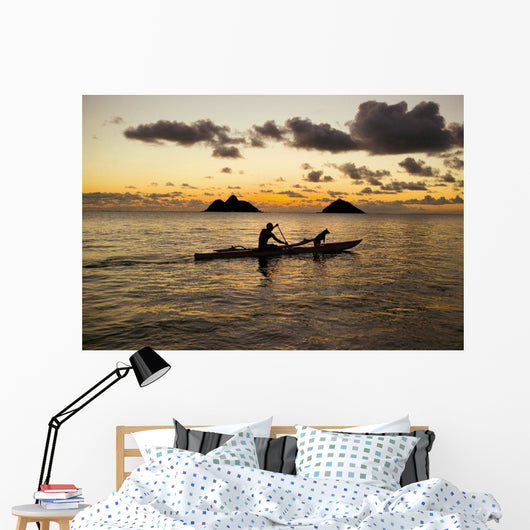Man And Dog On A One-Man Outrigger Canoe At Sunset Wall Mural