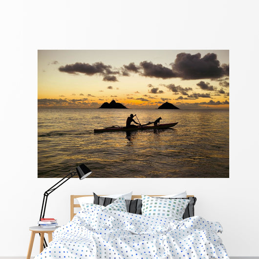 Man And Dog On A One-Man Outrigger Canoe At Sunset Wall Mural