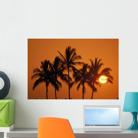 Hawaii, Sunset, Cluster Of Palm Trees, Sun Ball Wall Mural